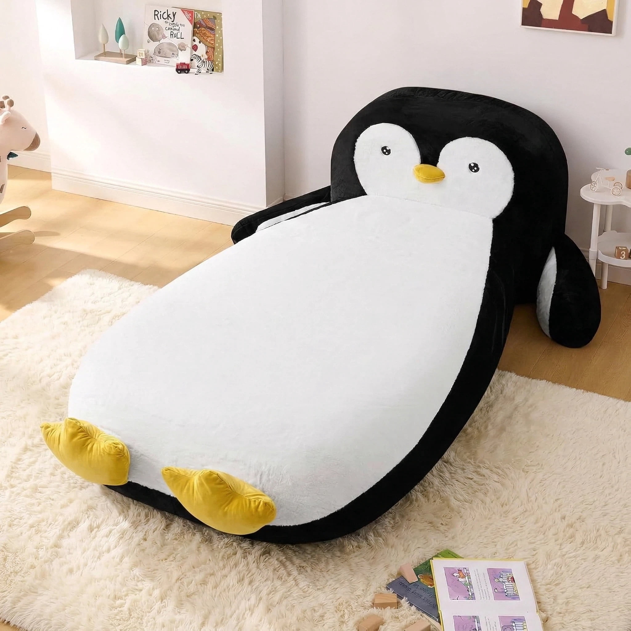 Aisword Twin Size Kids Daybed with Penguin Shaped & Headboard, Upholstered Faux Fur Cloud Boneless Memory Foam Bed Mattress, Platform Floor Sofa Couch Bed Frame for Girls, Boys, Teenager