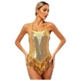 thumbnail image 2 of Raenseen Womens Sleeveless Sequin Leotard with Fringe Latin Jazz Chacha Ballroom Dance Costume Gold XL, 2 of 8
