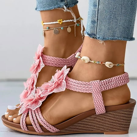 Aayomet Womens Wedge Sandals Womens Wedges Sandals Elastic Ankle Strap Casual Bohemian Sandals Beach Shoes Floral Pattern Beaded Pink 8