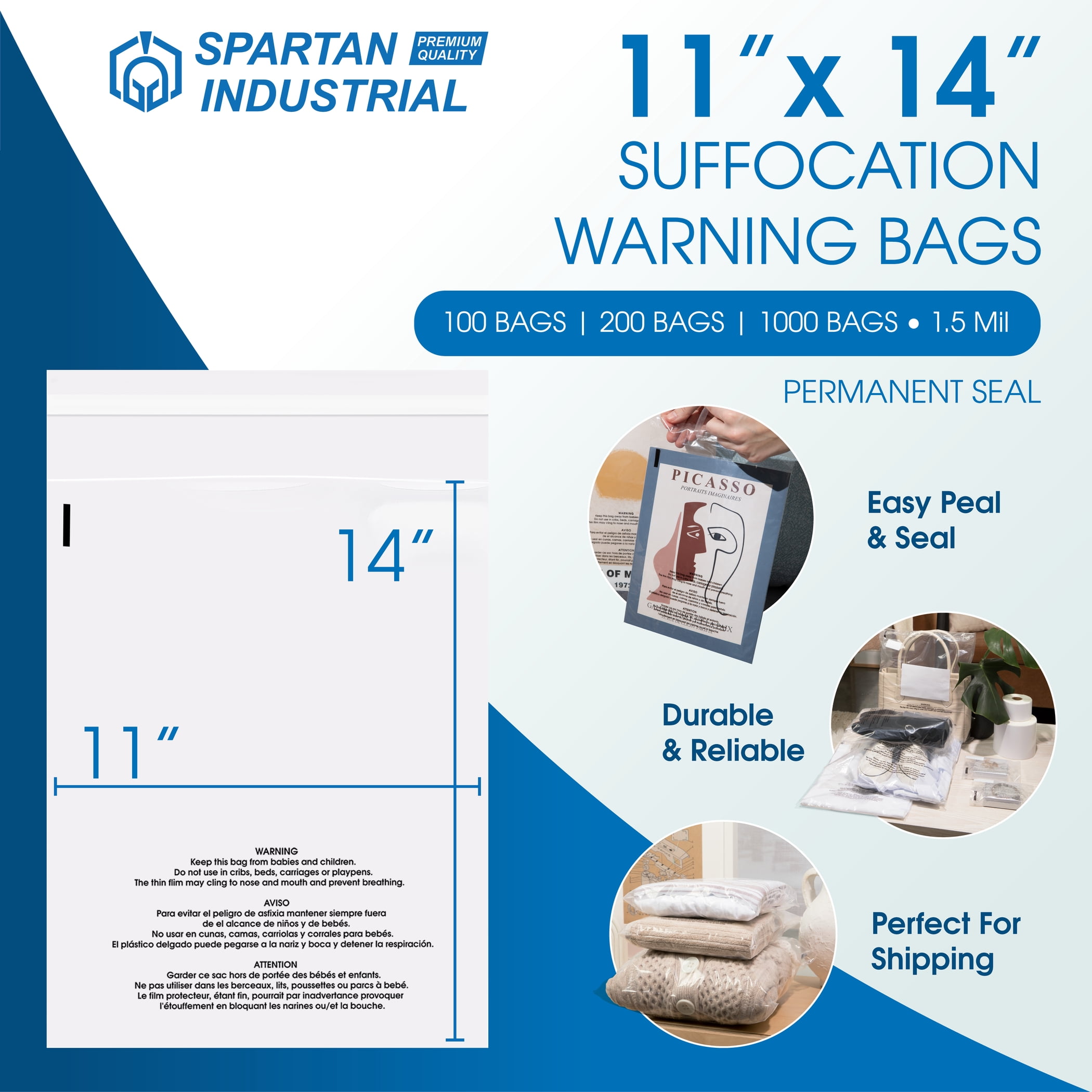 Spartan Industrial - 11” X 14” (1000 Count) Clear Poly Bags With Suffocation Warning and Permanent Self Seal
