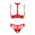 thumbnail image 3 of Conjunto de 2 piezas de lencería sexy de charol con aspecto mojado para mujer, sujetador con copas abiertas y entrepierna abierta, bragas de corte alto, 3 of 5