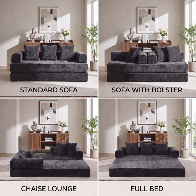 Gewnee 79 Boneless Sofa, Convertible Sofa Bed, Futon Floor Sleeper Sofa Bed with Pillows for Living Room Bedroom, No Assembly Required, Chenille, Classic Black