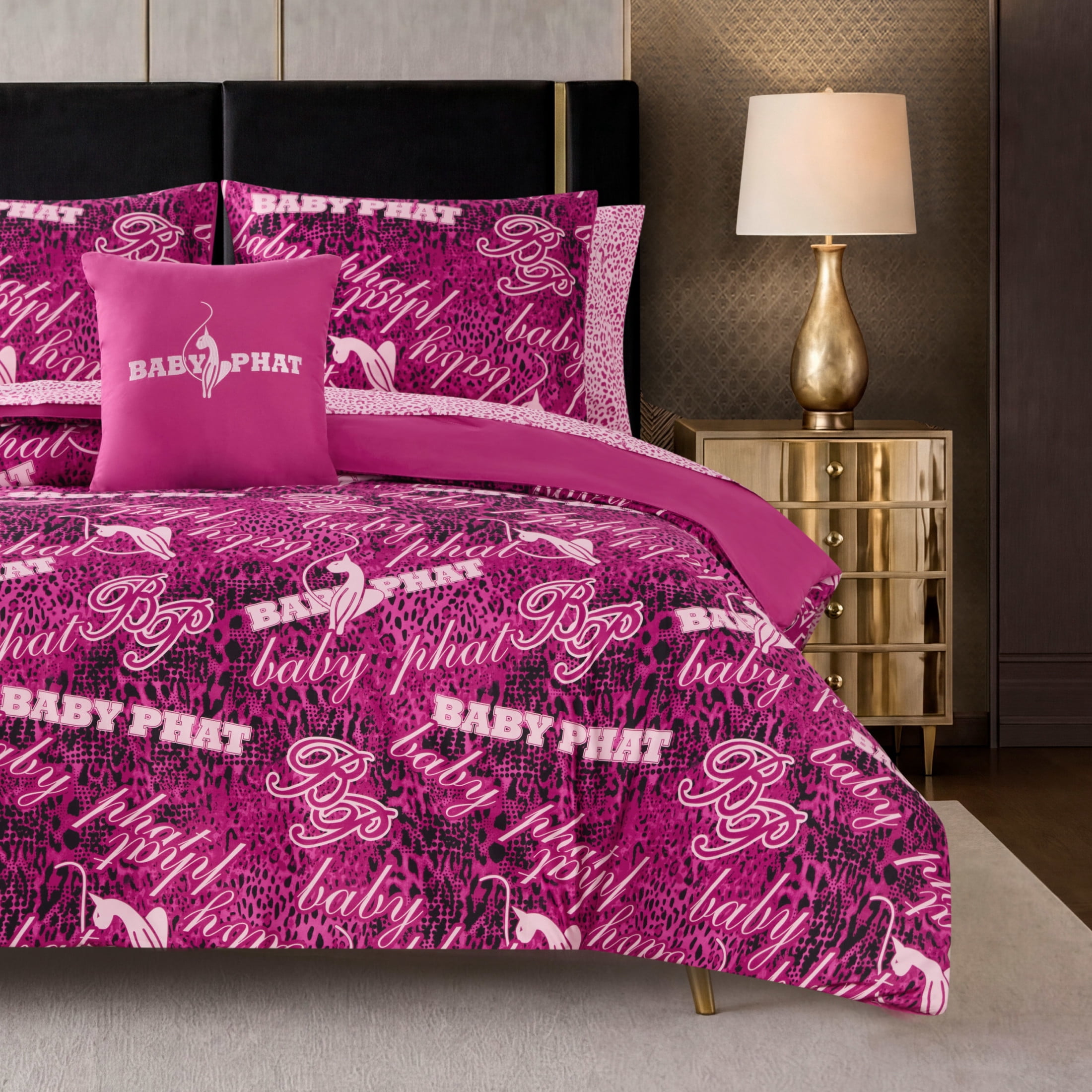 Baby Phat Tossed Logo 8-Piece Reversible Comforter Bed in a Bag, Pink, King