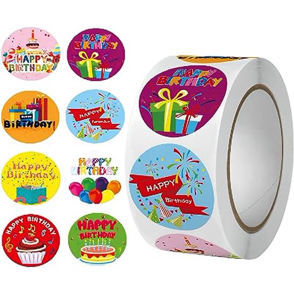 Autocollants Joyeux Anniversaire Scellés 1 Pouces 500 Pcs en 1 Rouleau pour Décoration d'Anniversaire Fournitures de Fête Scellement de Cartes Scolaires, 8 Modèles Scellage d'Enveloppes Emballage Cadeau (1 Pouces, A)