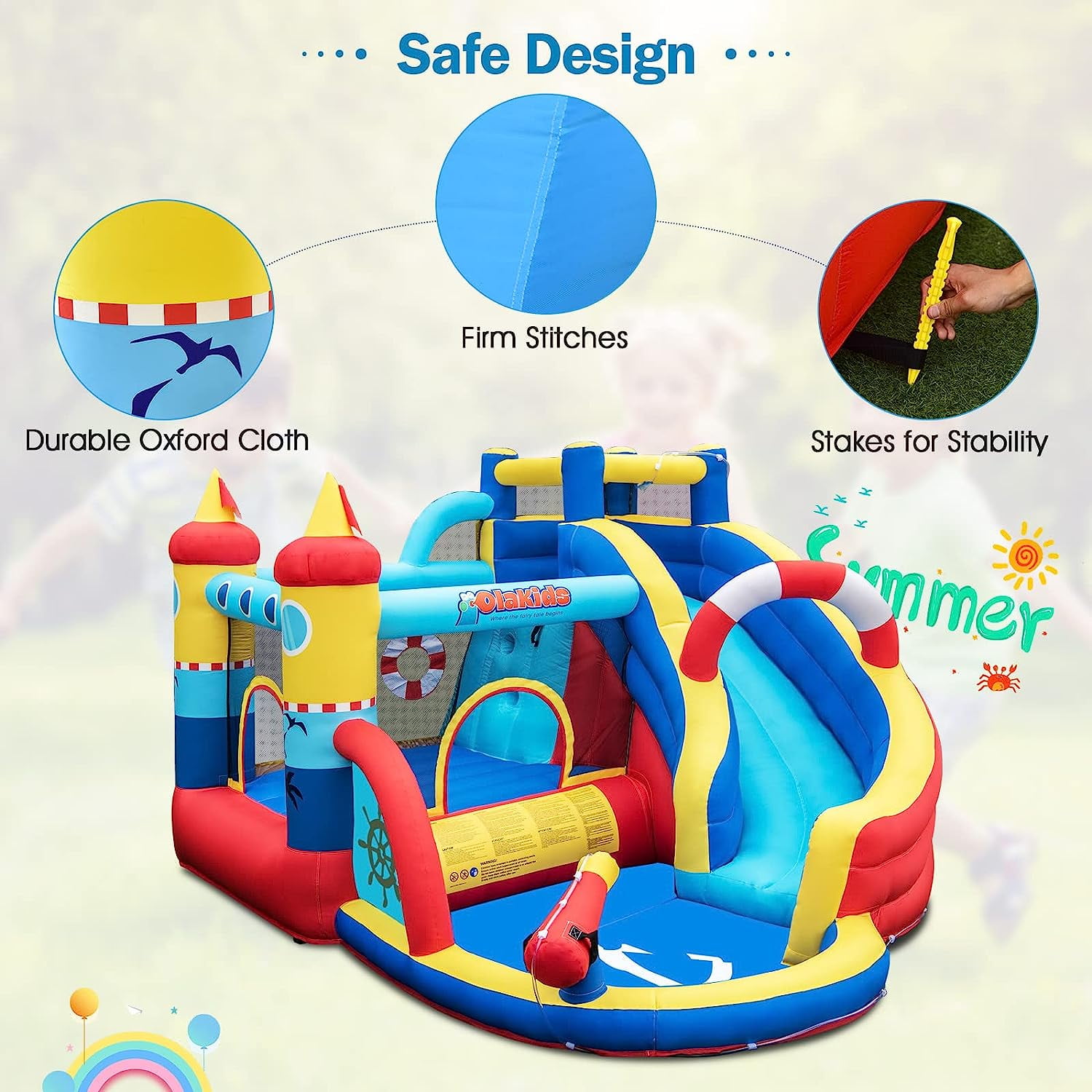 OLAKIDS Inflatable Water Slides, Nautical Themed Bouncy House with Slide, Splash Pool, Climbing Wall, Water Blast, Outdoor Jumping Castle with Hose, Carry Bag, Repairing Kit, Stakes (with Air Blower)