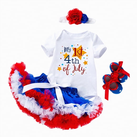 Linfrsh 4th of July Baby Girl Outfits Summer Clothes Newborn Ruffled Romper American Flag Dress with Bow Headband(Red,0-3 Months)
