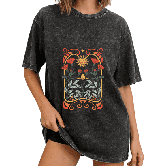 Cozymy Women's Celestial Sun Art Nouveau Floral Vintage Washed T-Shirt Short Sleeve Crewneck Oversized Boho Tee