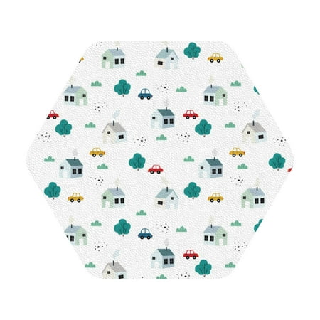 

Gaeub Cartoon House Car Print 6 Pcs Leather Coasters for Drinks Drink Coasters Sets Drink Table Cup Coasters for Living Room Kitchen Coffee Decor Hexagon