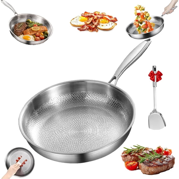 Titanium Nonstick Frying Pan with Lid, 5-Layer Titanium Composite Cooking Pan, Hammered Textured Surface, Scratch-Resistant Multifunctional Skillet for Everyday Cooking