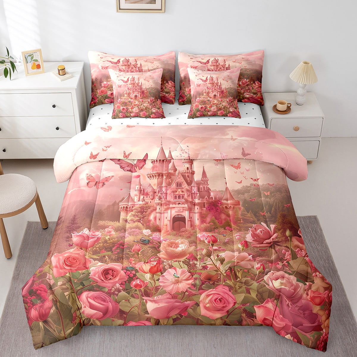 YST Fairy Tales 7-Piece Comforter Set, Dreamy Castle, Princess, Butterflies, Rainbow, Full Size