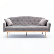Velvet Sofa, Accent Sofa Loveseat Sleeper Couch Rose Gold Metal Feet with 2 Pillows for Living Room, Bedroom (Grey)