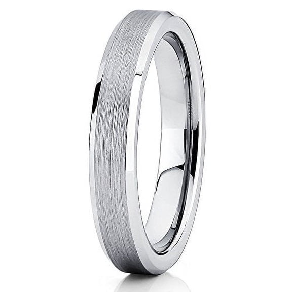 Silly Kings 4mm Brushed Silver Tungsten Carbide Wedding Band Beveled Comfort Fit Mens Womens