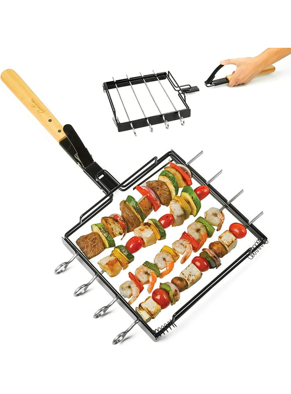 Camerons Products BBQ Skewer Rack Set with Detachable Handle for Closed Lid Cooking - Non-Stick for Grilling Barbecue