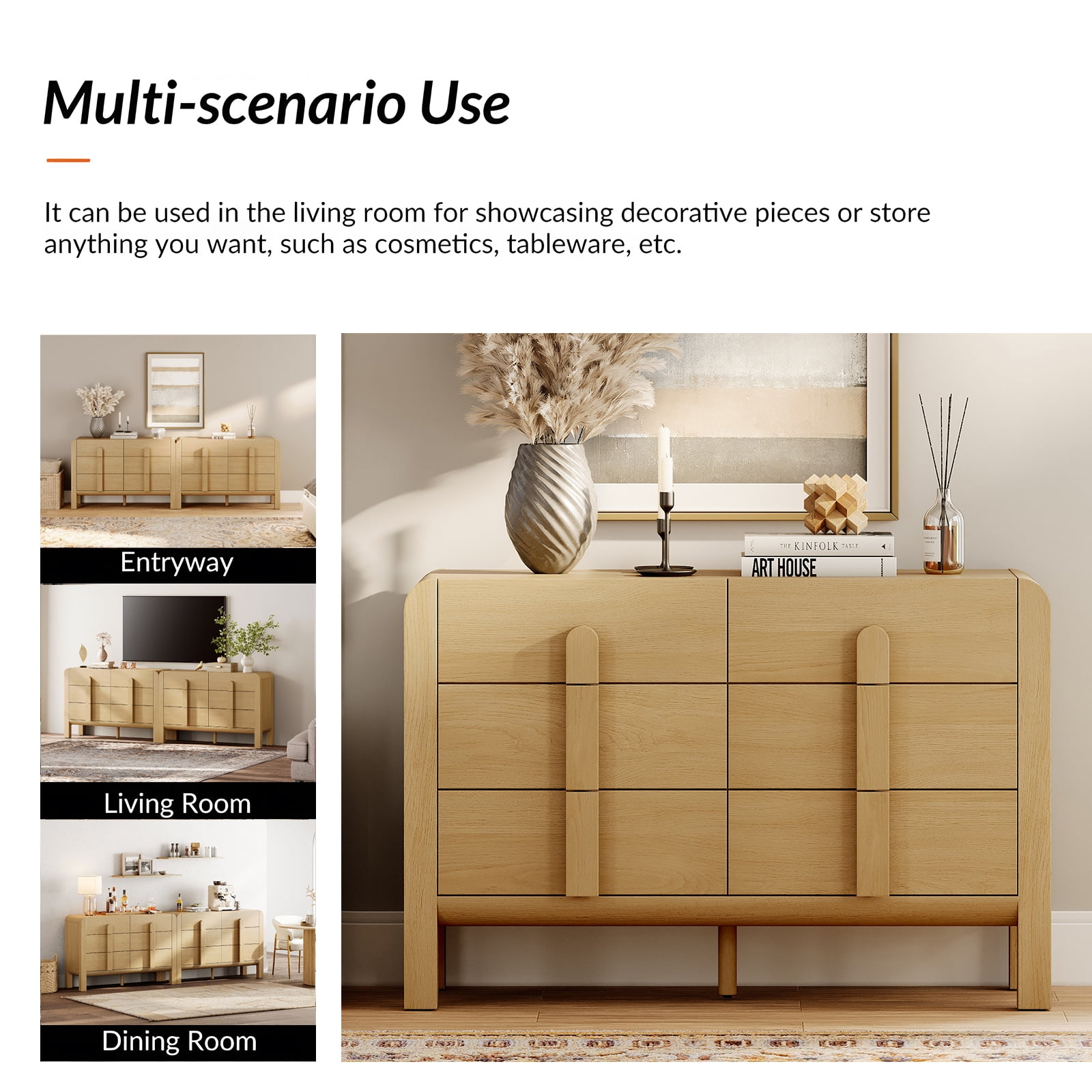 Mid Century 6 Drawer Dresser Set of 2, 47.2" Modern Chest of Drawers with Storage, Curved Profile Wood Double Dresser for Bedroom, Living Room, Hallway