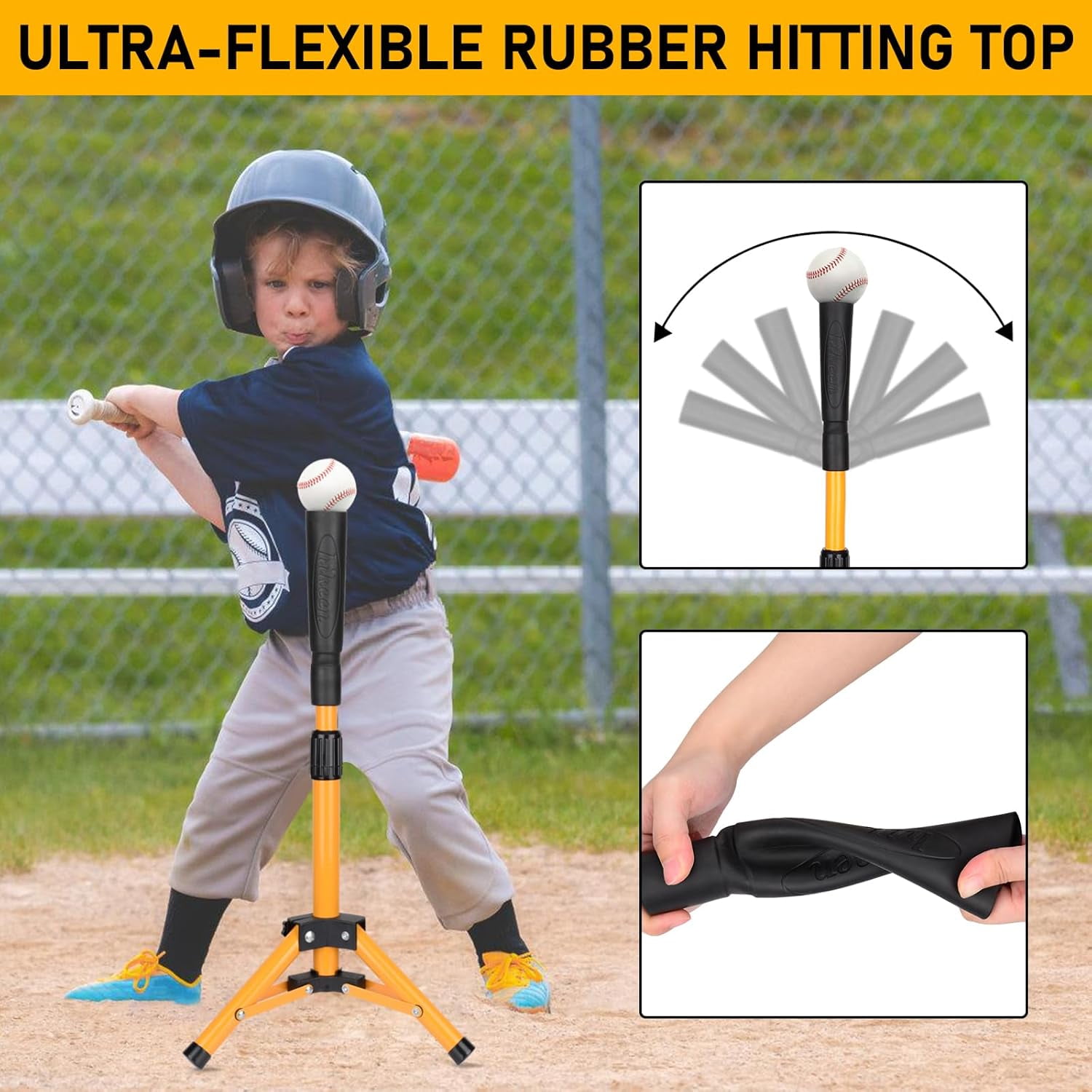 Adoreal Baseball Tee for Kids, Baseball Tee Baseball Batting Tee for Kids Softball & Baseball Practice Tee Easy Adjustable Height Portable Hitting Tee with Carry Bag（Yellow）