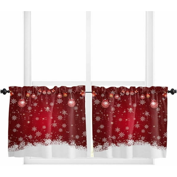 Christmas Red Kitchen Curtain 2 Panels Tiers Curtains 36 Inch Length, White Snowflake Xmas Winter Curtains Rod Pocket Curtains Window Drapes Treatment Window Cafe Curtains