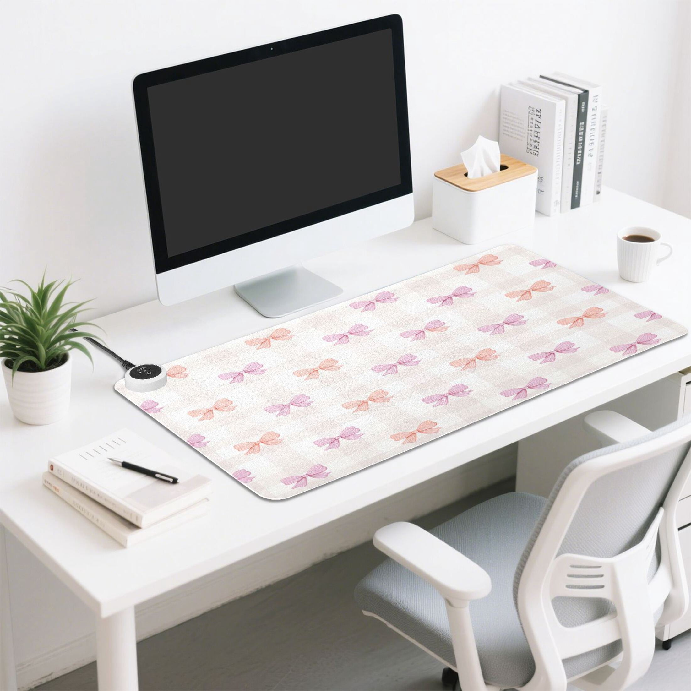 Large Heated Desk Mat Mouse Pad 31.5"x13"PU Leather Graphene Heating Desk Warmer with 3 Temperature Settings 110V US Plug Non-Slip Warm Pad for Home, Office, and Gaming Sweet Pastel Bow Pattern
