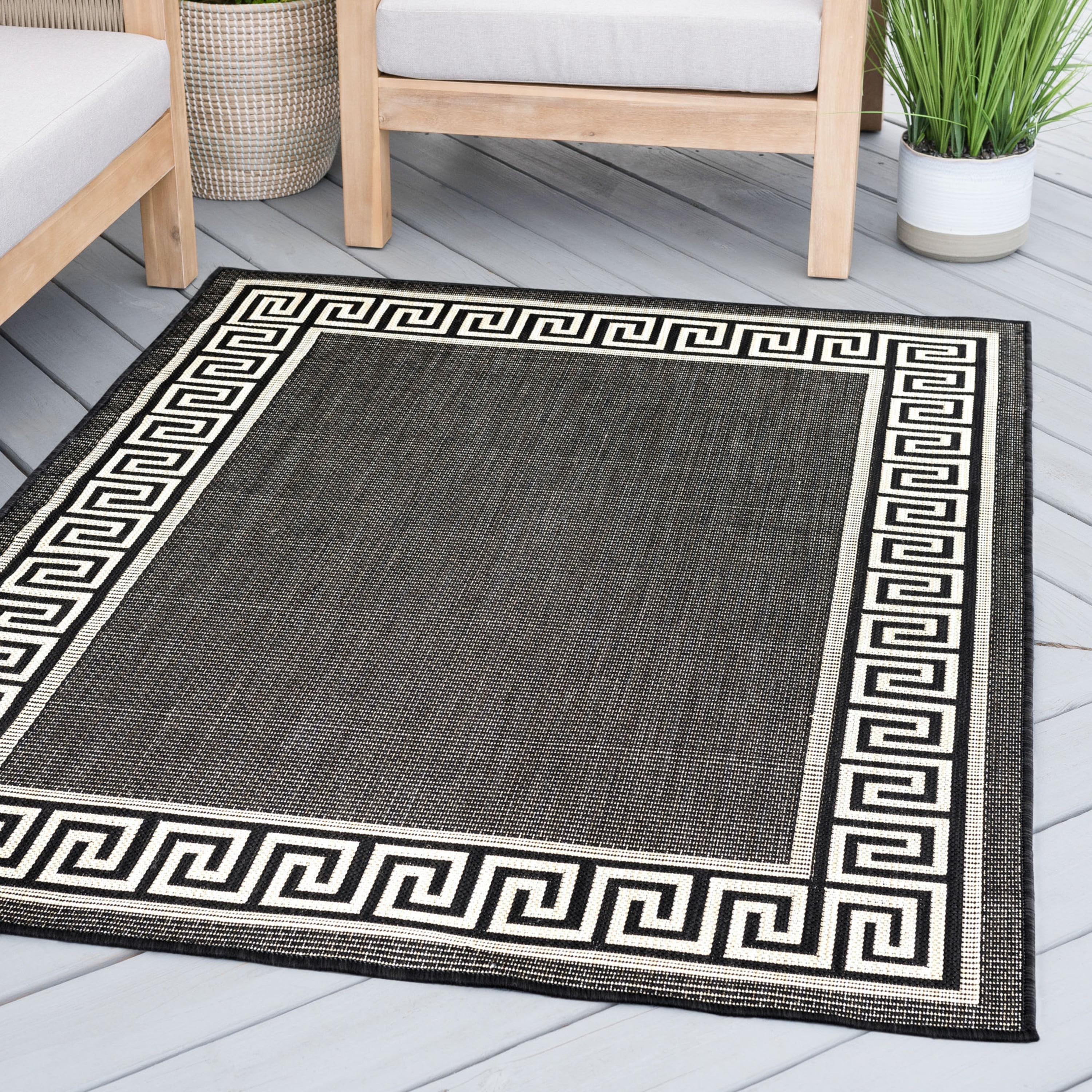 4x6 Water Resistant, Indoor Outdoor Rugs for Patios, Front Door Entry, Entryway, Deck, Porch, Balcony | Outside Area Rug for Patio | Black, Greek Key | Size: 4' x 5'3''
