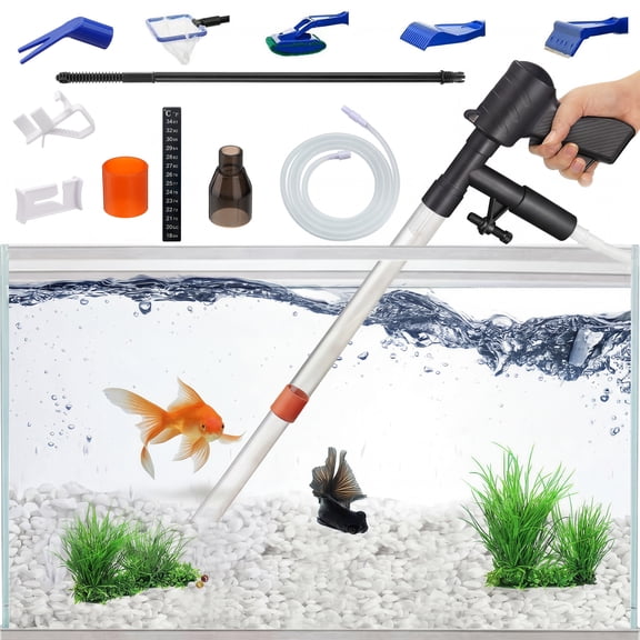 Aquarium Gravel Cleaner, Fish Tank Siphon Vacuum Cleaner with Thermometers Fish Net Kit Use for Water Changer Fish Tank Cleaning Gravel and Sand