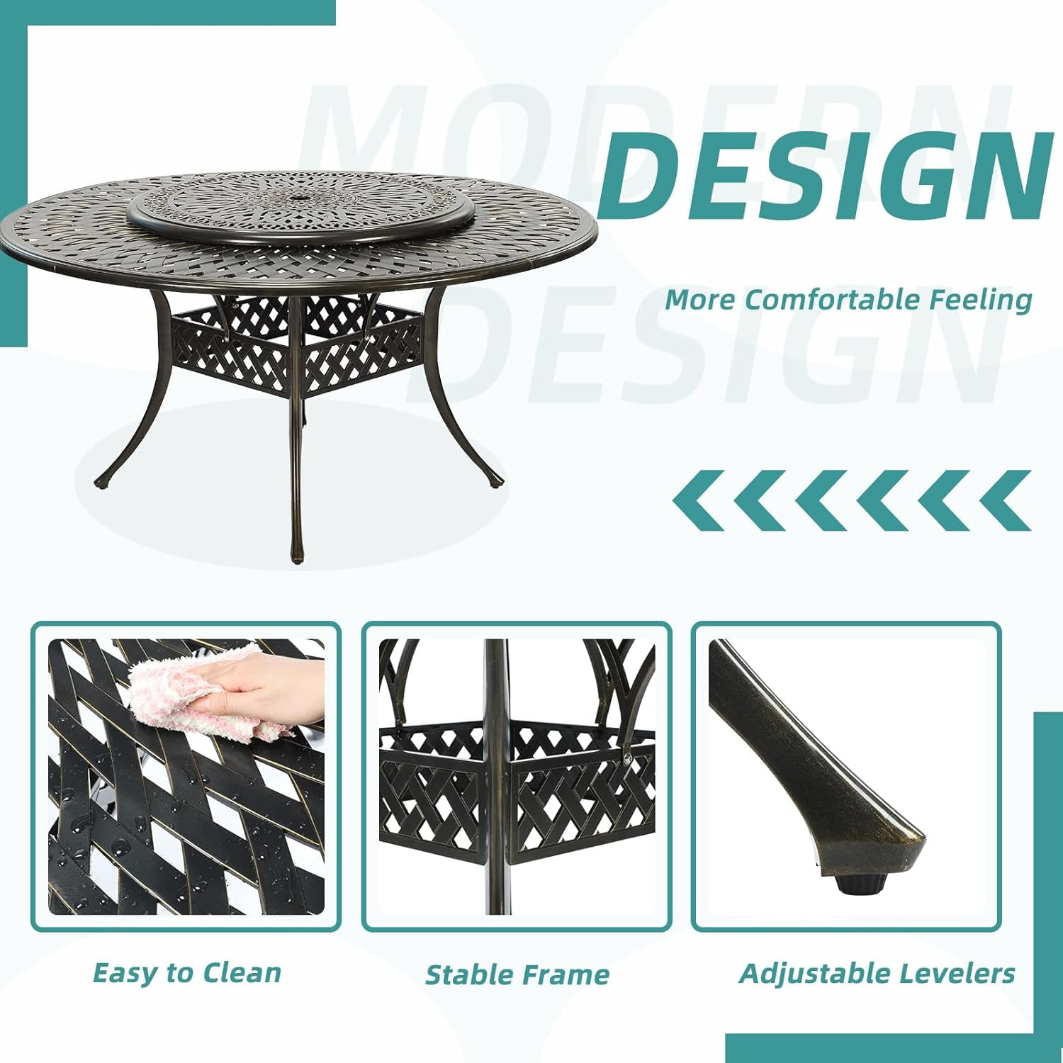 MEETWARM Outdoor 61" Round Patio Dining Table with Detachable Lazy Susan, All Weather Cast Aluminum Large Patio Furniture Table Set for 8 Seat with 35.4" Rotating Tray, Umbrella Hole, Dark Bronze
