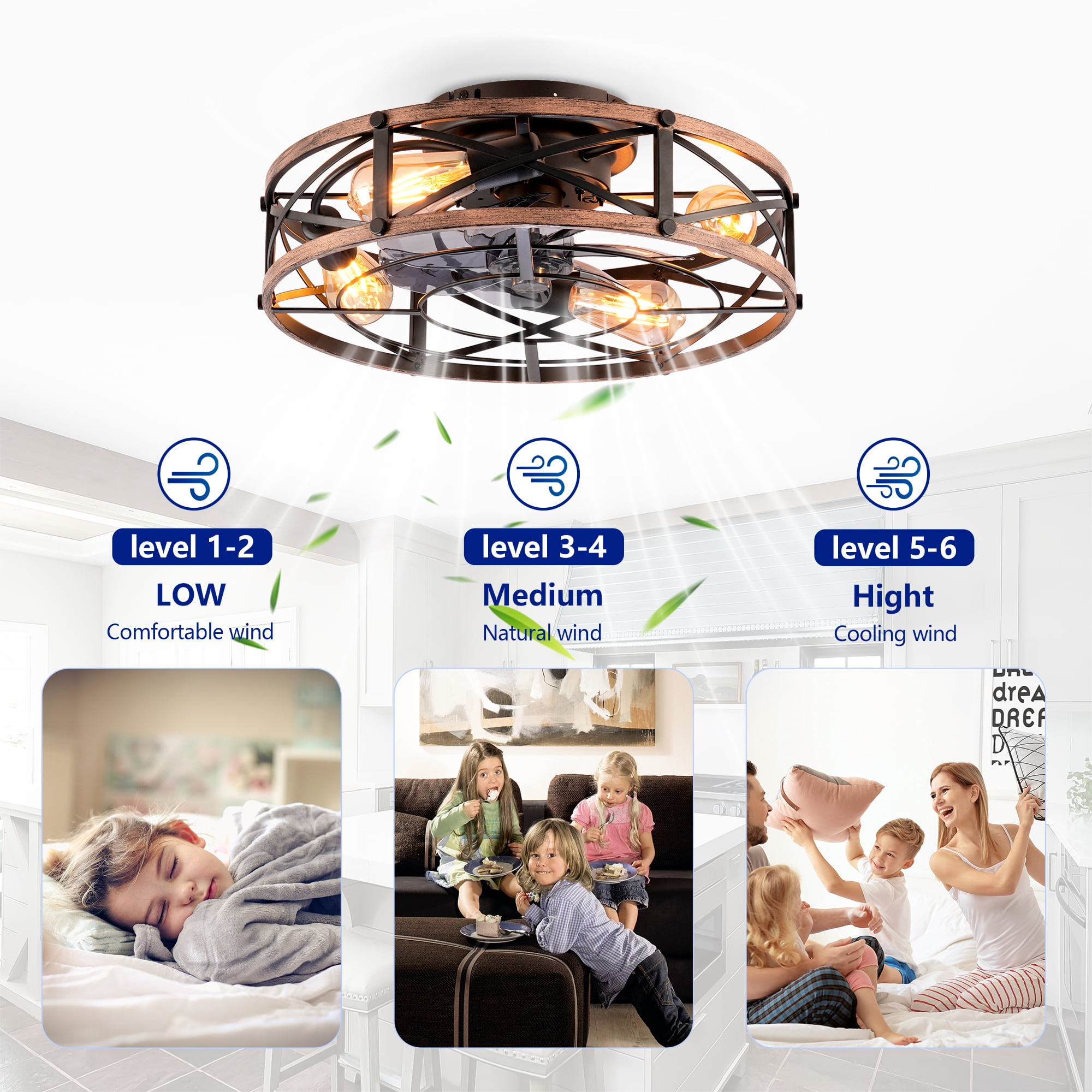 Leumius 19" Black Flush Mount Ceiling Fan with Light, Reversible Motor and DC Remote Control,6 Speed Ceiling Fan,Timing for Living Room Bedroom Dining Room(NOT Included Bulbs)
