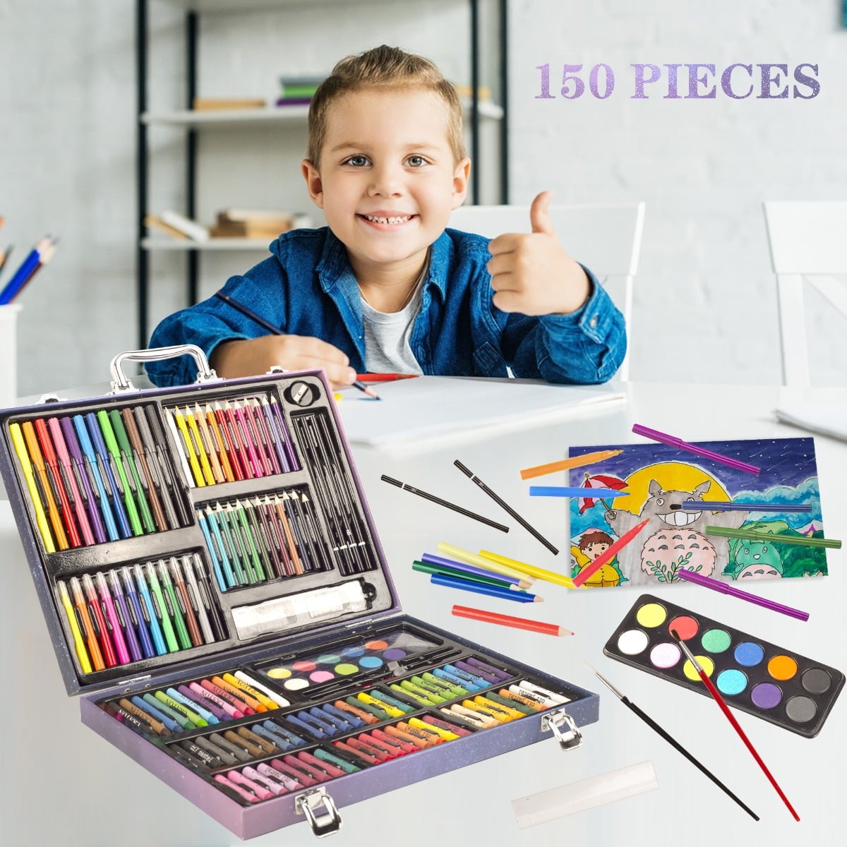 KINSPORY 150PC Drawing Coloring Art Set with Deluxe Paper Case, Creative Supplies Gift for Artists Beginners Teens Kids Boys Girls (Blue)
