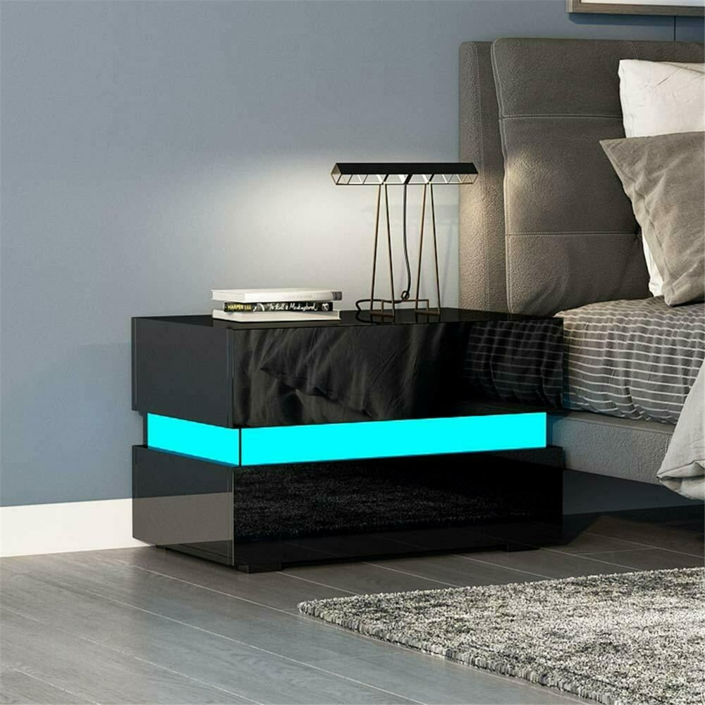 2 Drawers Night Stand with RGB LED Light Mode System, High Gloss