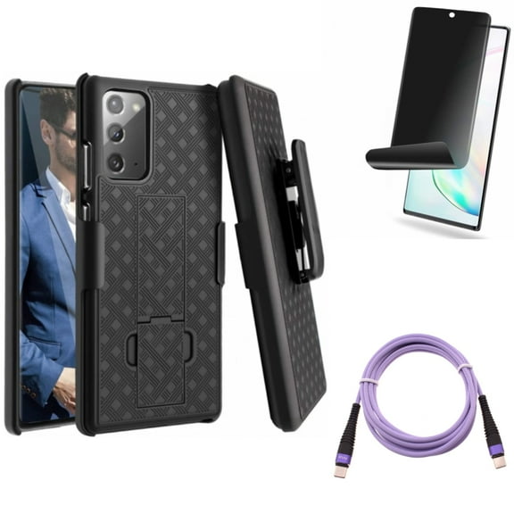 Case Belt Clip & Privacy Screen Protector & Purple 6ft PD Cable for Samsung Galaxy Note 20 (6.7") - Combo with Holster Swivel & TPU Film Anti-Peep & Type-C to USB-C Long Charger Cord