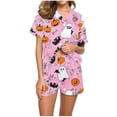 thumbnail image 2 of 2 Piece Pajamas Set for Women Satin Silk Short Sleeve Button Down Loungewear Halloween Pumpkin Skull Bat Pattern Pjs Sleepwear Shorts Set Breathable Casual Home Wear, 2 of 6