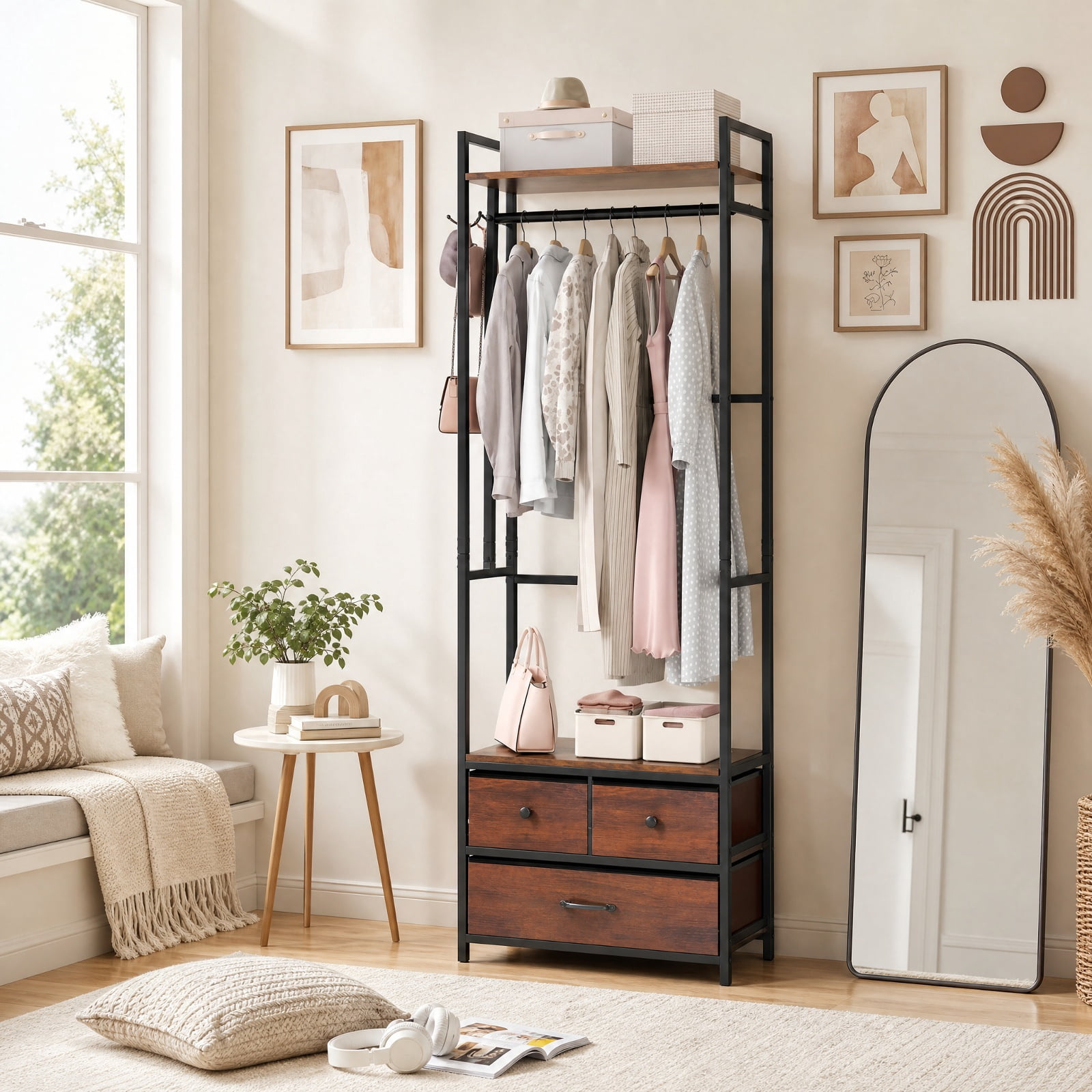 Furnibear Heavy Duty Metal Clothes Rack with 3 Fabric Drawers Top Shelf Hanging Rod and Side Hooks Industrial Garment Rack for Bedroom, Rustic Brown