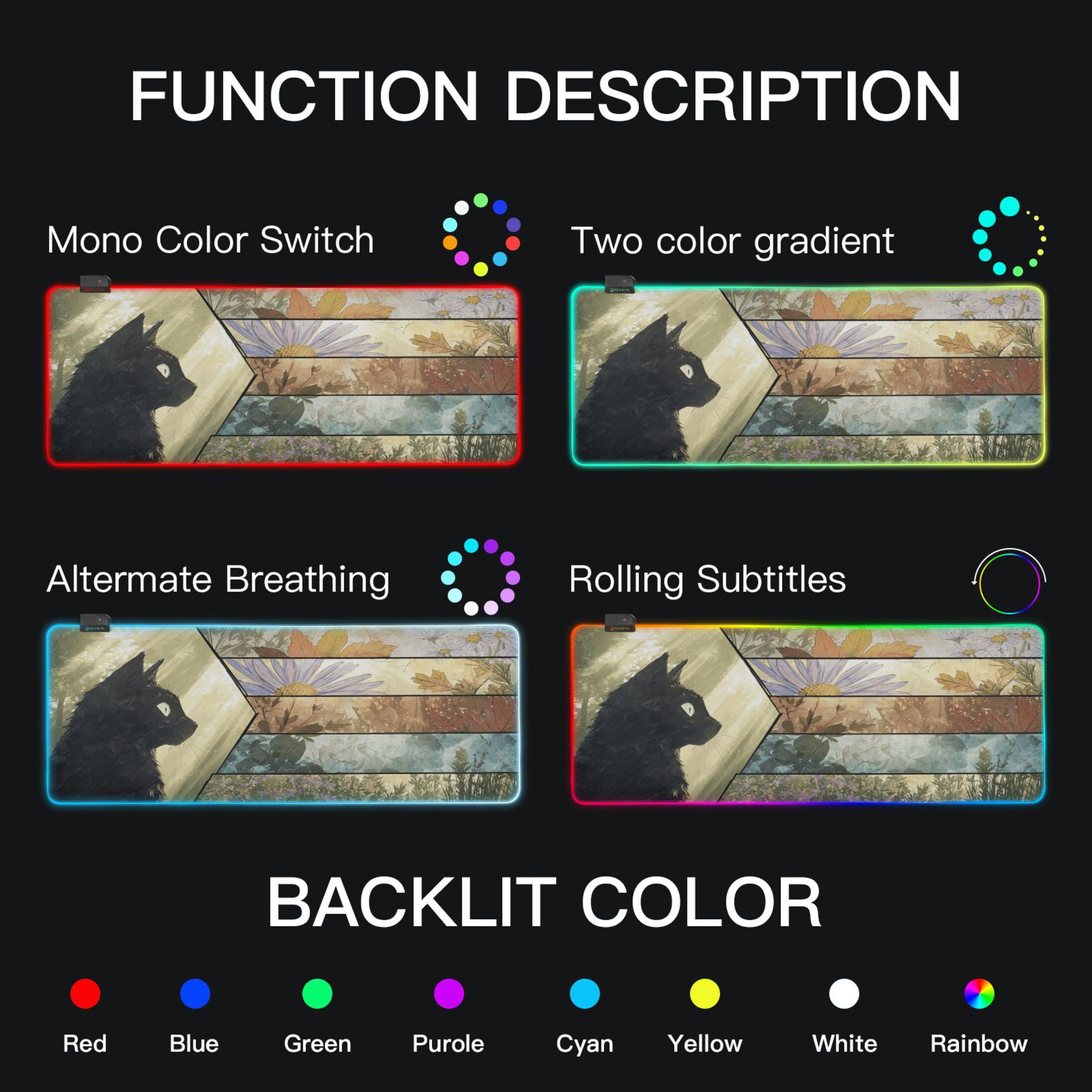 Haosy RGB Led Gaming Mouse Pad Non-Slip Large Keyboard Desk Mat 13 Light Modes 31.5x11.8 inch Black Cat with All Seasons