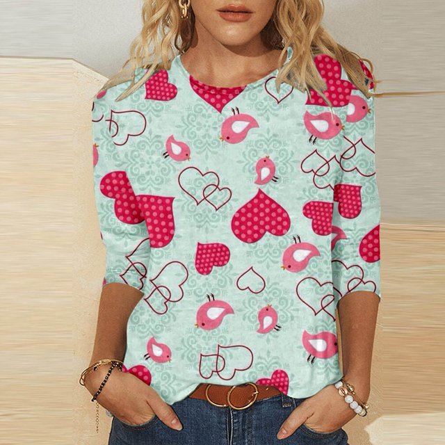 Promotions d'Été! Aqestyerly T-Shirt Imprimé Mode Saint-Valentin pour Femmes Manches 3/4 Blouse Col Rond Hauts Décontractés