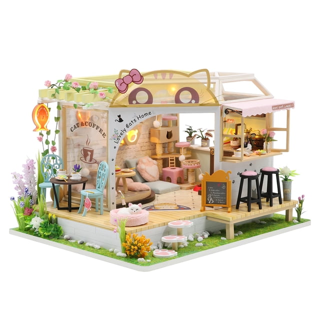 DIY Hut Leisure Cat Coffee Back Garden Juguetes de casa de muñecas ensamblados de madera hechos a mano Hugtrwg Para estrenar