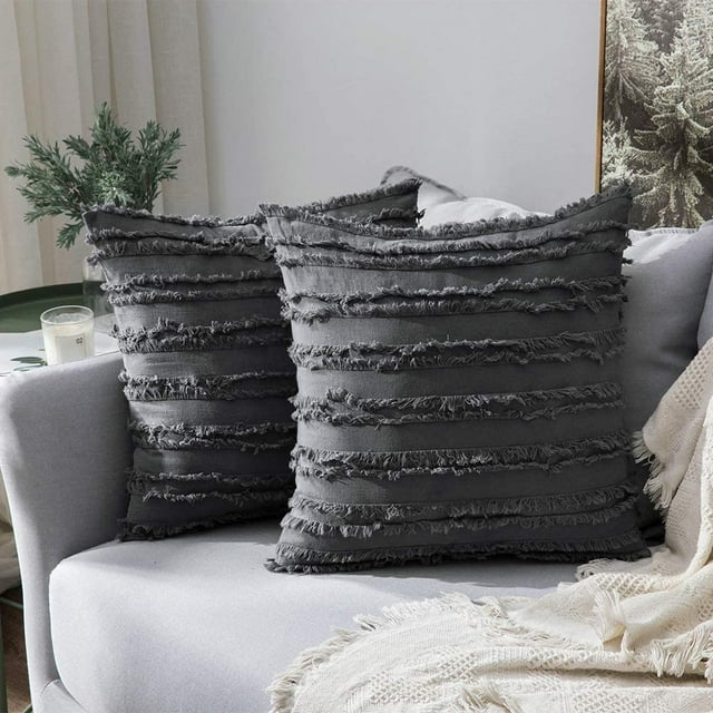 MIULEE Juego de 2 fundas de almohada decorativas bohemias de lino con patrón jacquard a rayas para sofá de Navidad, sala de estar, dormitorio, 18.0 x 18.0 in, color beige