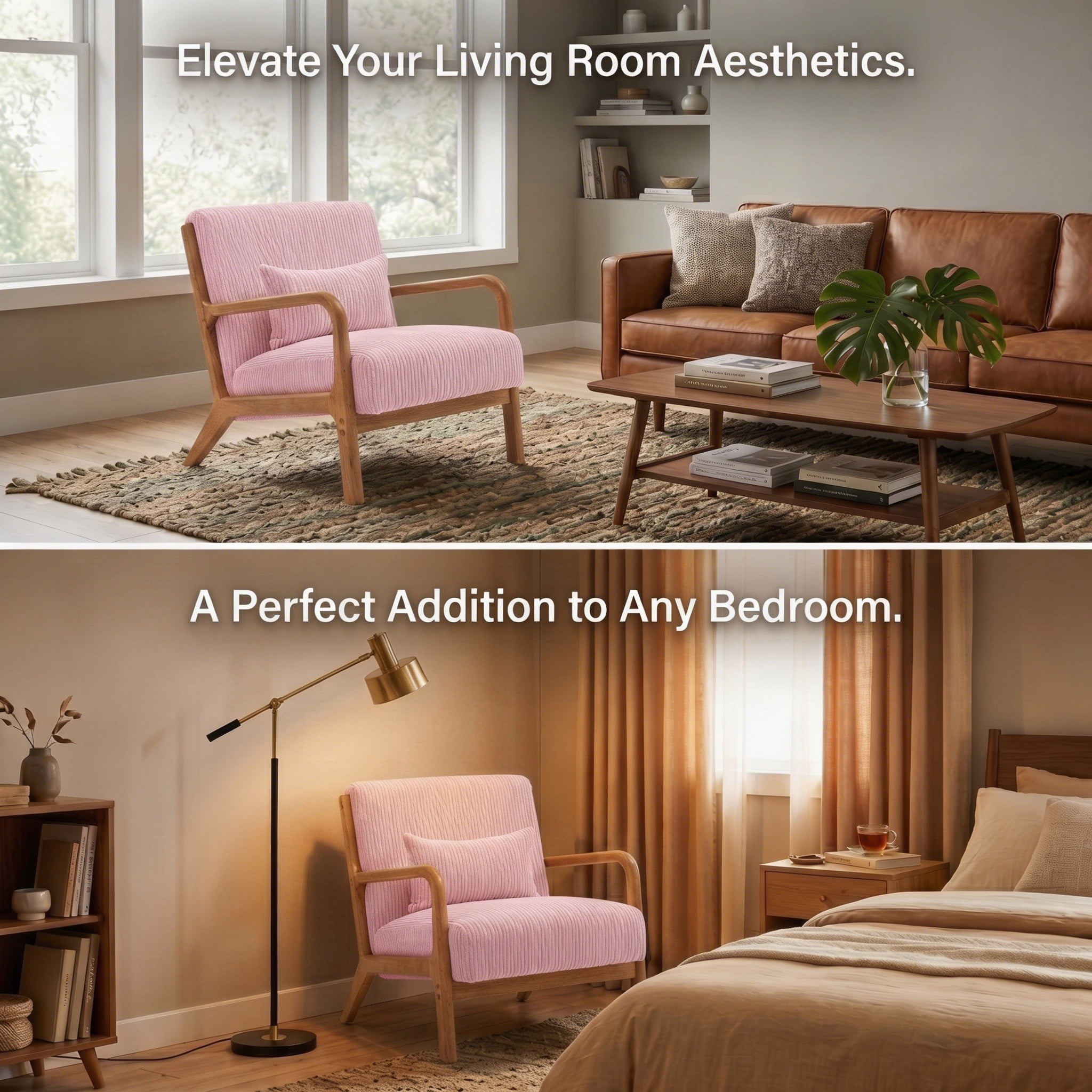 Mid-Century Modern Corduroy Accent Chair with Solid Wood Frame & Lumbar Pillow, Pink