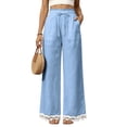 thumbnail image 2 of Lace Patchwork Pants for Women Elastic High Waist Drawstring Wide Leg Pants Causal Loose Palazzo Pants, S, 2 of 7