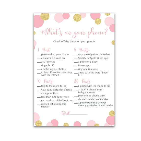 Pink and Gold Polka Dot Baby Shower Game — WHAT'S ON YOUR PHONE Baby Shower Game — Pack of 25 — Baby GIRL Shower Game, Pink Polka Dots Baby Shower Activity, Confetti Coed Couples Shower G810-PHN