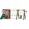 Step2 Naturally Playful Adventure Lodge Play Center Swing Set with Glider Outdoor Playset Includes Swings, Glider, Steering Wheel, Backboard Hoop, Two Level Clubhouse, Rope Ladder, & Kids Slide With Glider Extension Swing Set