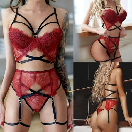 

UoCefik Womens Bodysuit Hollow Out Sexy Lingerie for Women Strappy Lace Bra and Panty Setswith Garter Belt XXL