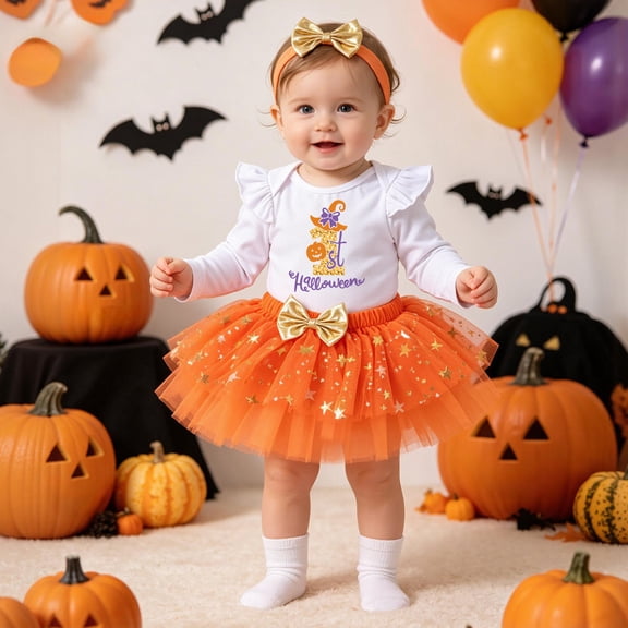 Ulitacool Girl'S Halloween Outfits 1-3 Months Crewneck Cartoon Pumpkin Pattern Romper Bodysuit Tutu Skirts Long Sleeve Match Set Fashion Newborn Wear Orange