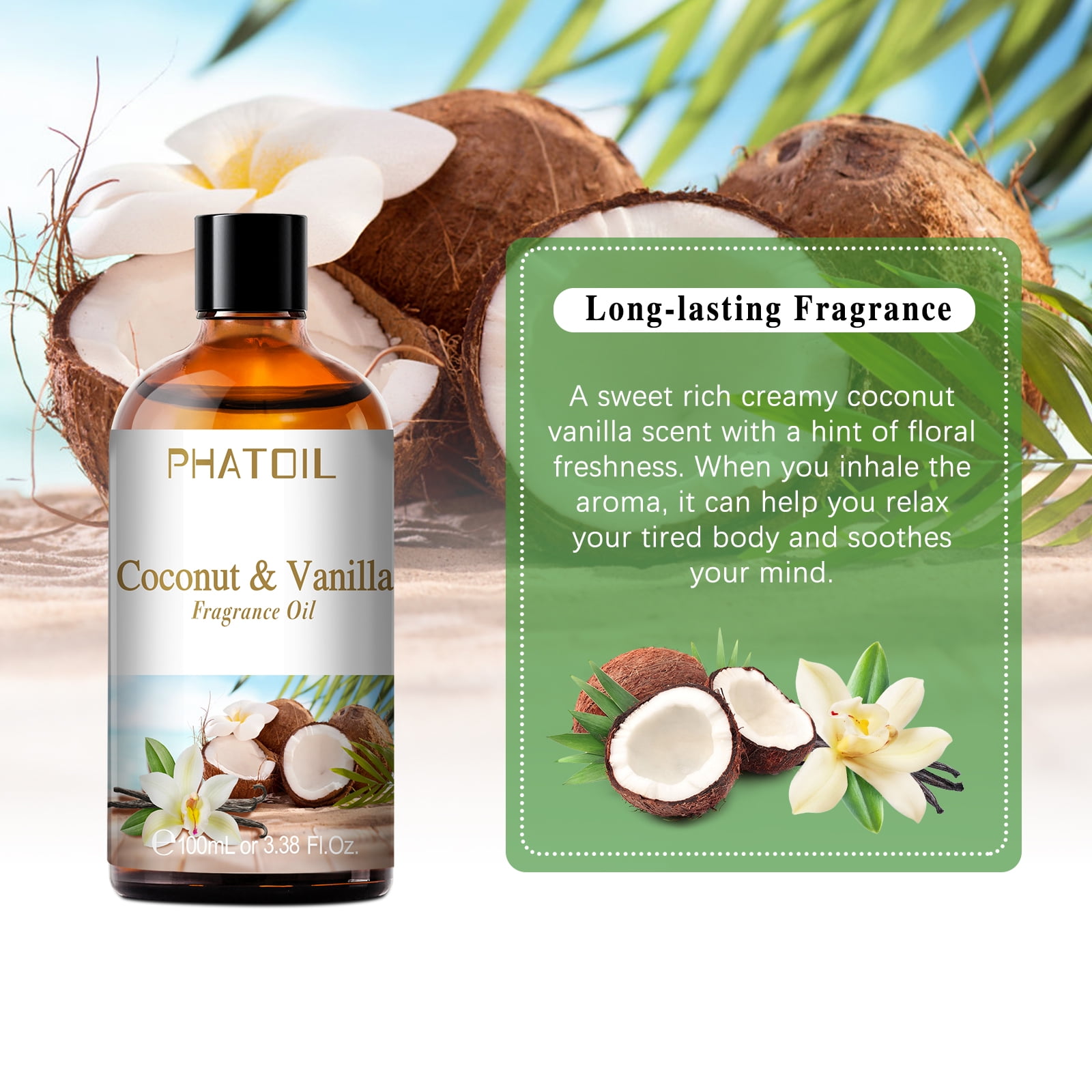 PHATOIL 100ML Coconut & Vanilla Essential Oils for Aromatherapy Diffuser,  Spa Massage, Yoga, Bathing, Skin Care, DIY Candle and Soap Making -  3.38FL.OZ 