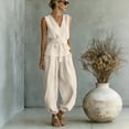 thumbnail image 5 of Women's Summer 2 Piece Outfits Sleeveless V Neck Belted Crop Tops Wide Leg Pant Sets Casual Tracksuit Beige, 5 of 7