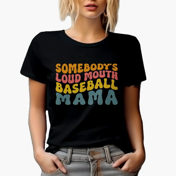 Somebody's Loud Mouth Baseball Mama, Mother of a Player Themed, Groovy Retro Wavy Text Merch Gift, Black T-Shirt, Small