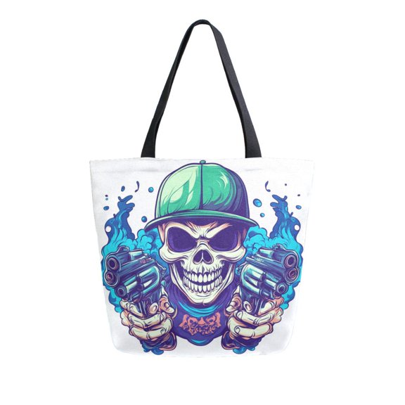 Durable Canvas Tote Bag with Zip Pocket Bags for Woman Shoulder Versatile Carryall for Everyday Use Happy Skull