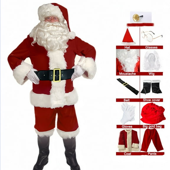 11-Piece Deluxe Santa Claus Costume Set - Festive Christmas Outfit (Coat, Pants, Hat, Wig, Beard, Pipe & Gift Bag) for Holiday Parties & Events