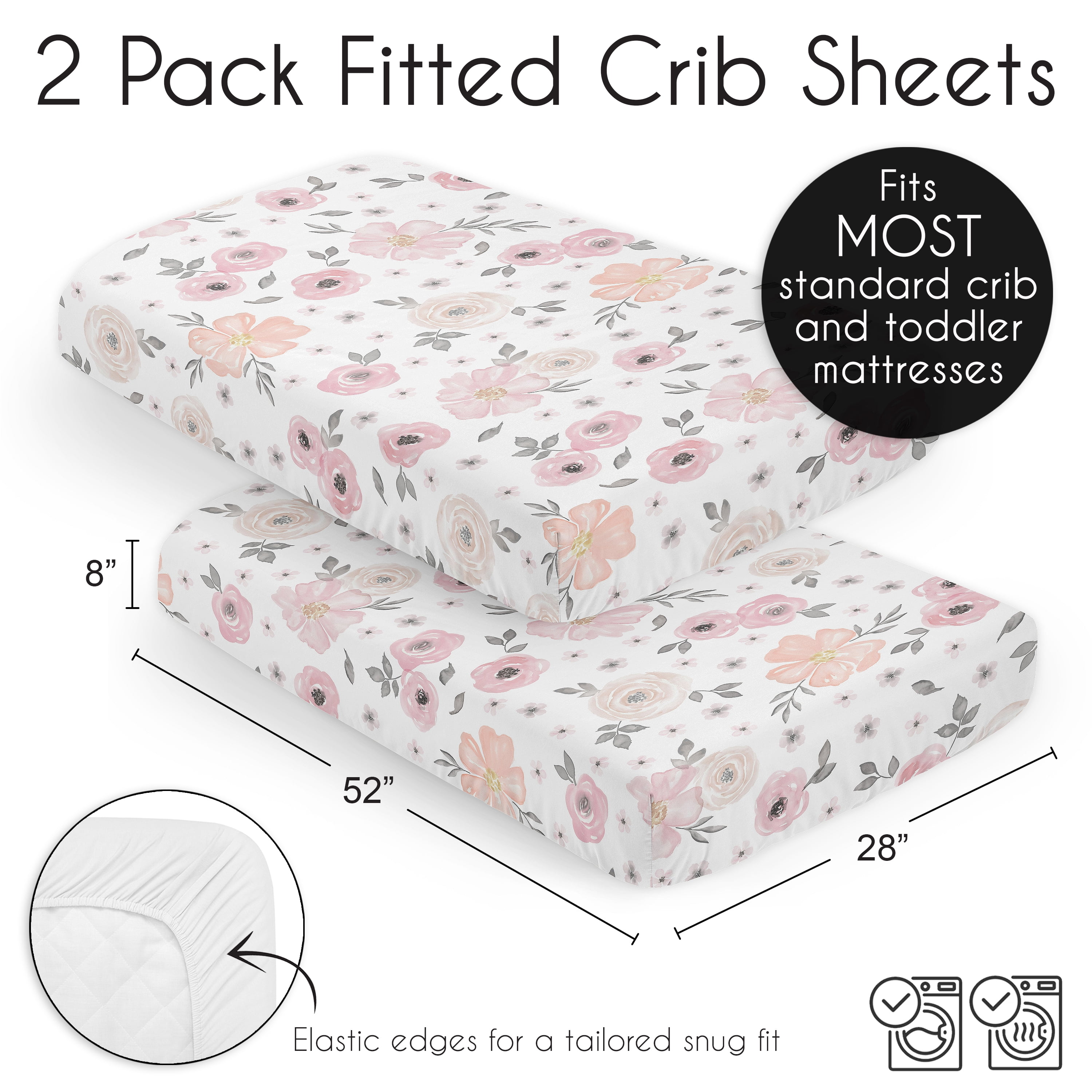 Sweet Jojo Designs Watercolor Floral Pink and Grey Fitted Crib Sheets 2 Piece Set