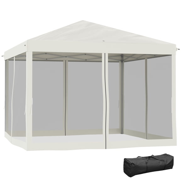 Miekor Furniture 10' x 10' Pop Up Canopy Tent with Netting, Instant Gazebo, Ez up Screen House Room with Carry Bag, Height Adjustable, for Outdoor, Garden, Patio, Beige No.6837