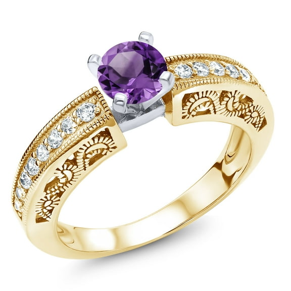 Gem Stone King 1.59 Ct Round Purple Amethyst 18K Two-Tone Plated Sterling Silver Ring (Size 5)