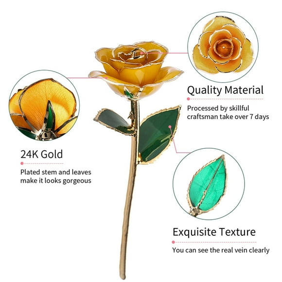 Feuille d'or Rose, Belle Fleur d'or 24 carats pour Toujours, Roses dorées trempées, Or Rose véritable Rose plaqué Or 24 carats (Jaune) Cadeau pour la Saint-Valentin