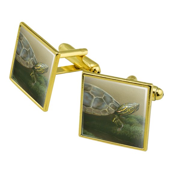 Painted Turtle on a Mossy Log Square Cufflink Set - Silver or Gold